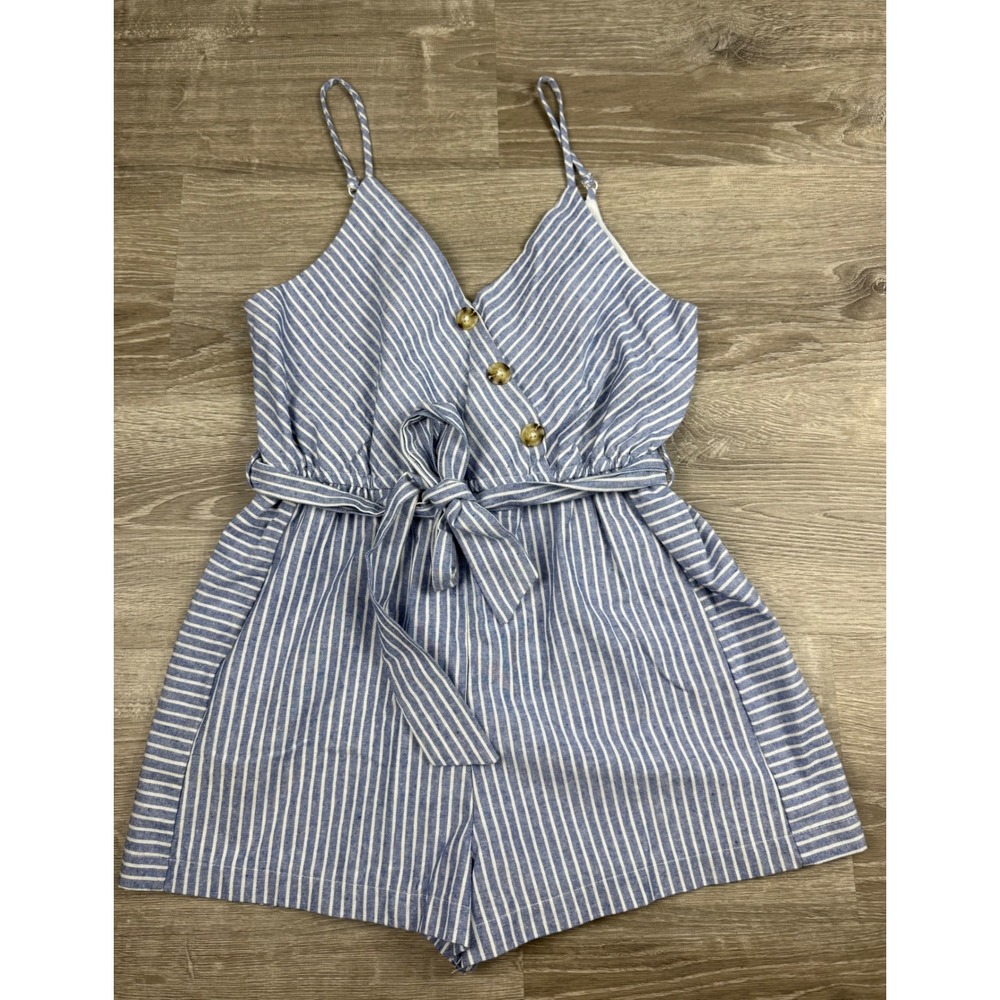Purple Snow Blue White Striped Romper Sleeveless V-Neck Tie Waist Size M